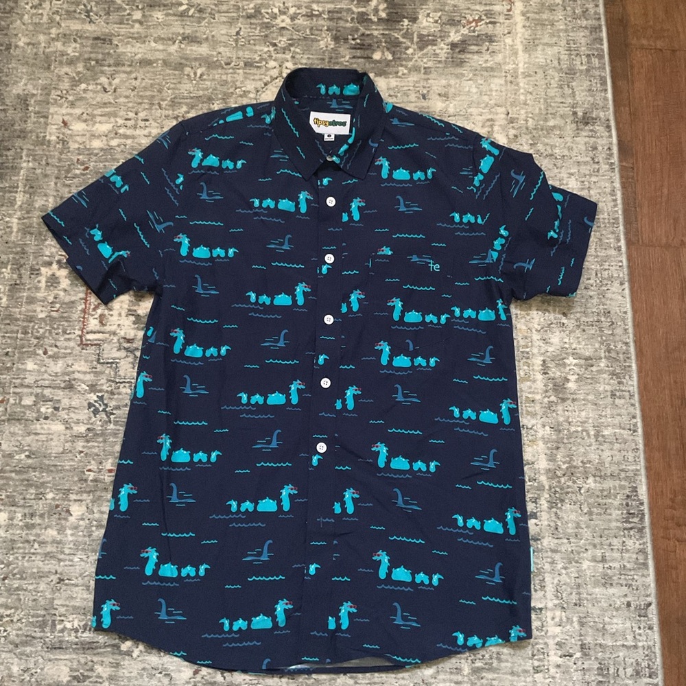 Tipsy elves Navy Shirt with Aqua Patterns